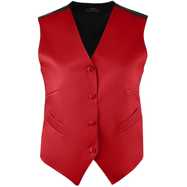 A red Henry Segal women's server vest with black trim and buttons.