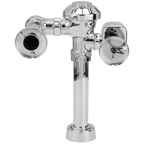 A Zurn chrome metal toilet flush valve with a silver pipe and nozzles.