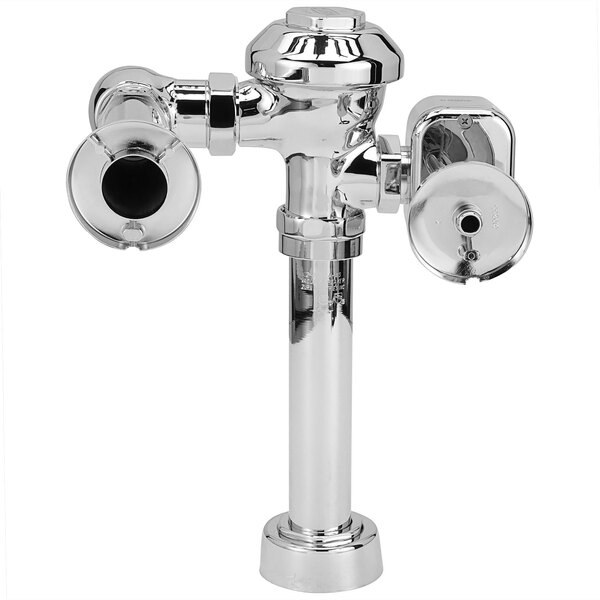A Zurn chrome toilet flush valve with a silver pipe and black knobs.