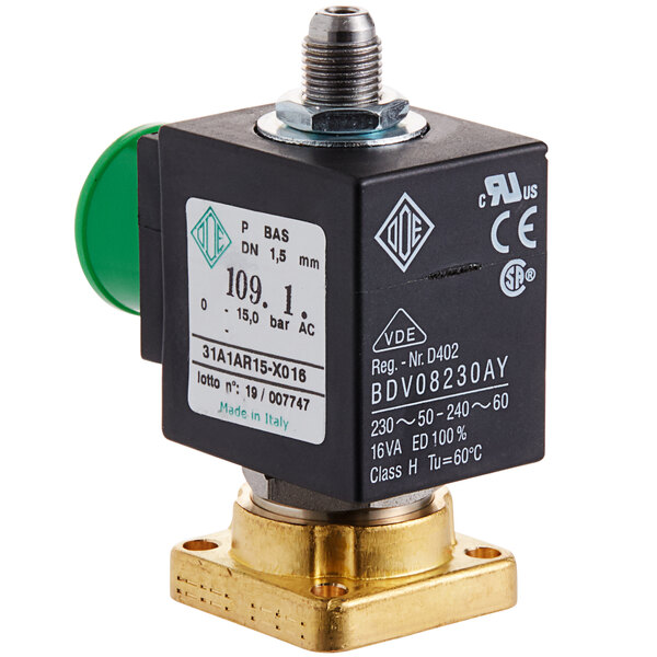 A black square with a green handle and a green and black sign on a green and black pressure valve for Estella Caffe espresso machines.