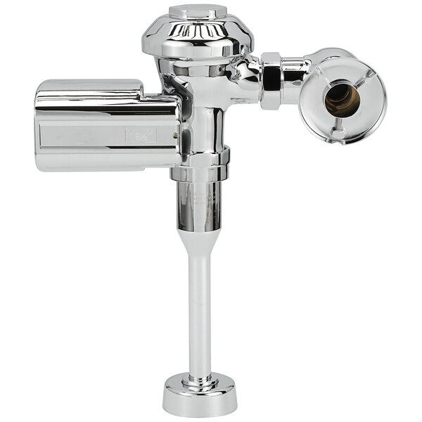 A chrome plated Zurn AquaSense urinal flush valve with a metal water outlet.