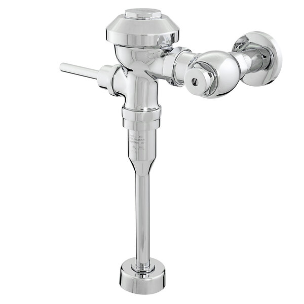 A chrome plated Zurn toilet flush valve with a metal handle.