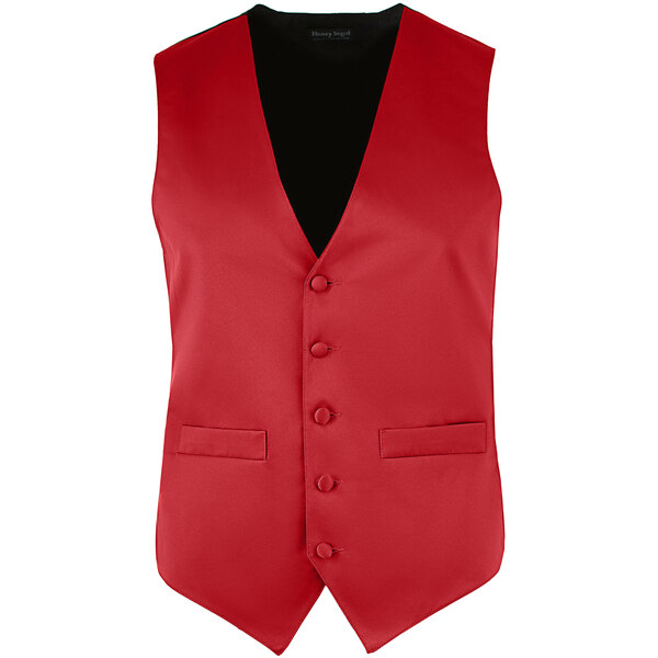 A Henry Segal red satin server vest with black buttons.