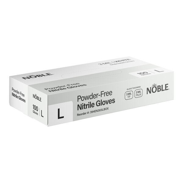 A box of Noble brand large powder-free nitrile gloves containing 100 gloves.
