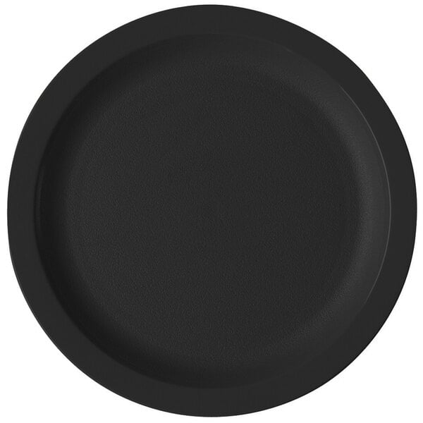 A black Cambro polycarbonate plate with a narrow rim.