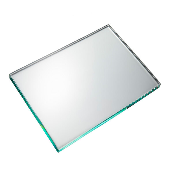 A rectangular smoked glass shelf with a silver border.