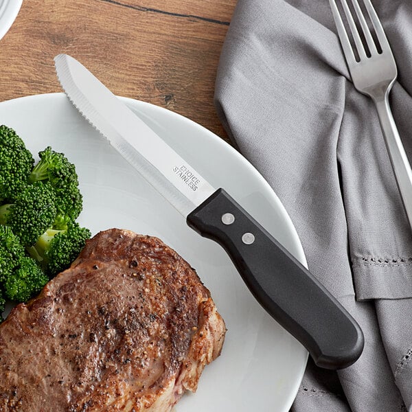 A Choice stainless steel steak knife on a plate with a piece of meat and broccoli.