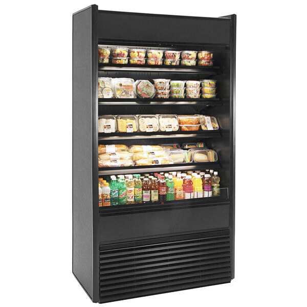 A black Structural Concepts Oasis air curtain merchandiser full of food on shelves.