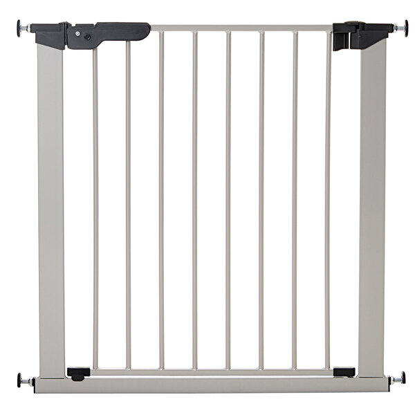 A close-up of a silver BabyDan safety gate with extensions.