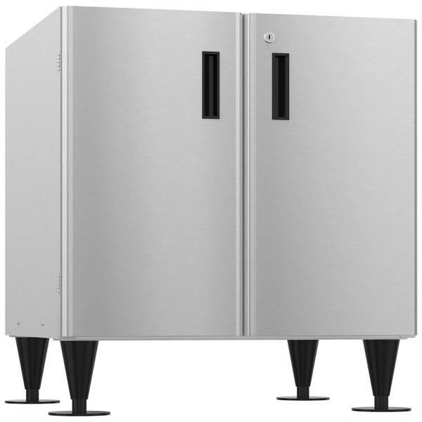 A silver Hoshizaki ice and water dispenser stand with black legs.