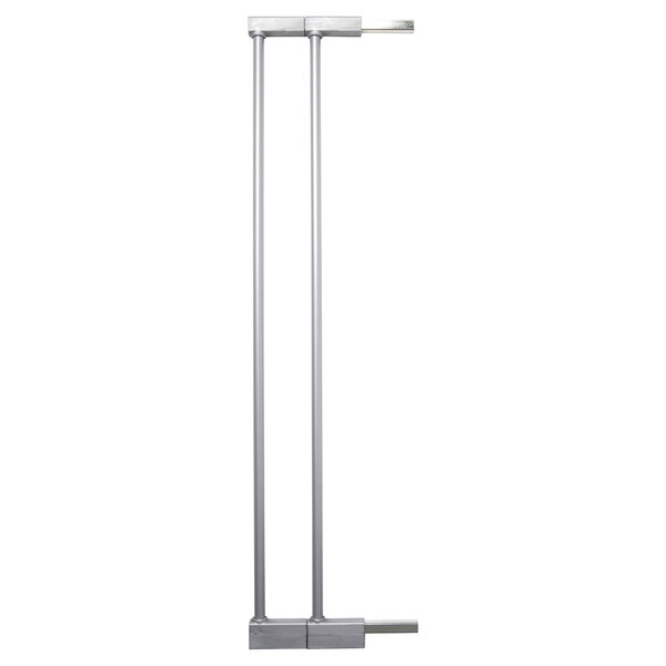 A silver metal BabyDan gate extension kit with two handles on one long pole.