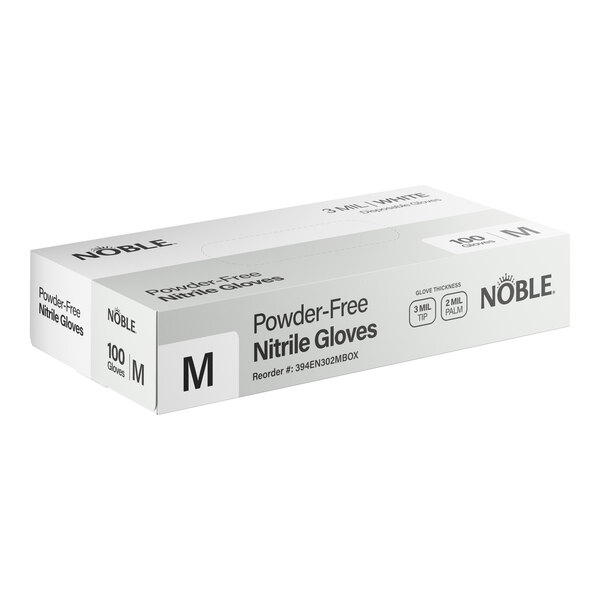 A box of Noble brand medium-sized powder-free white nitrile gloves, containing 100 gloves.