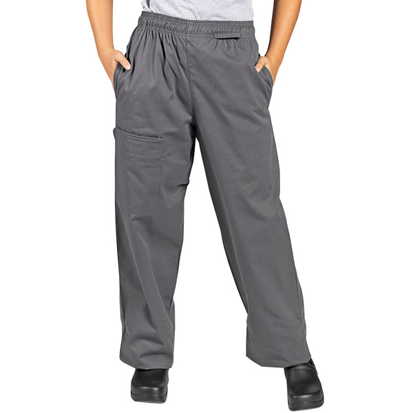 A person wearing slate gray Uncommon Chef cargo pants.