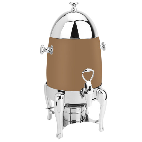 An Eastern Tabletop bronze coated stainless steel coffee chafer urn with chrome accents.