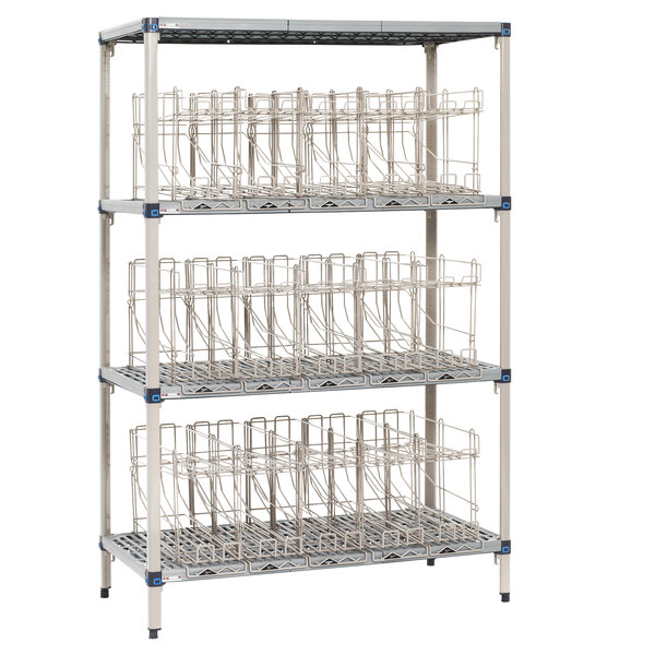 A MetroMax Q metal rack with several FIFO can racks on it.