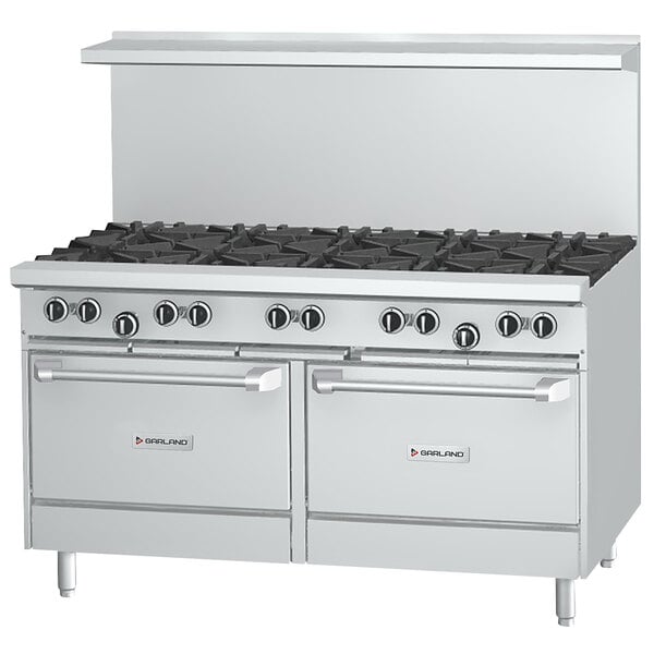 A large stainless steel Garland range with 10 burners, a standard oven, and a convection oven.