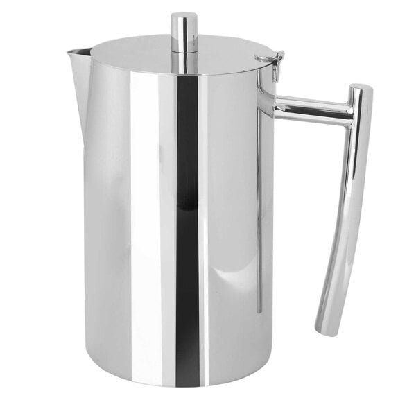 A silver stainless steel coffee pot with a handle.
