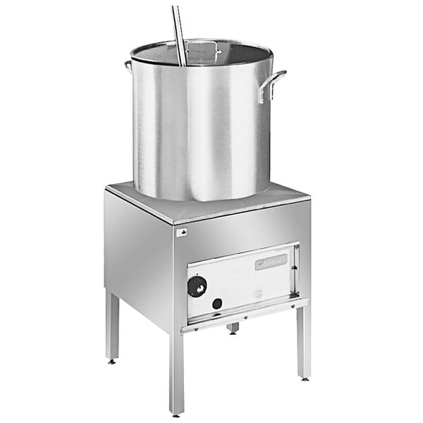 A Garland stock pot range with a large stainless steel pot on top.