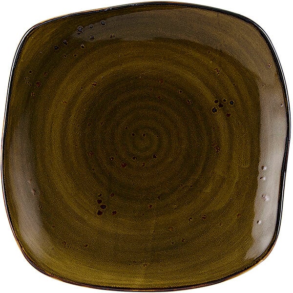 A Tuxton square china plate with a brown and black geode design.