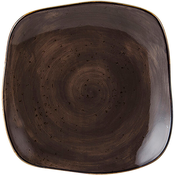 A brown square TuxTrendz china plate with a black spiral pattern.