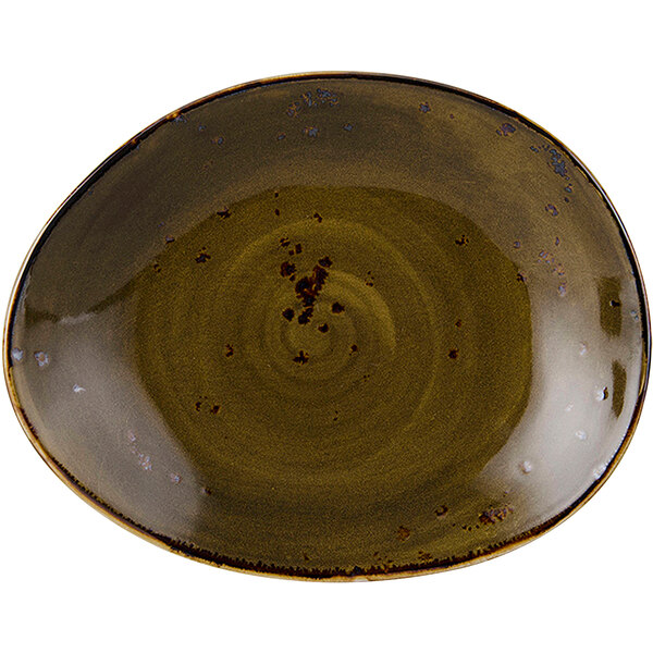 A brown Tuxton china ellipse plate with a brown swirl pattern.