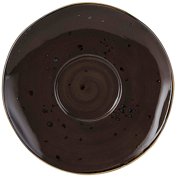 A brown Tuxton china saucer with a black swirl pattern and a hole in the center.