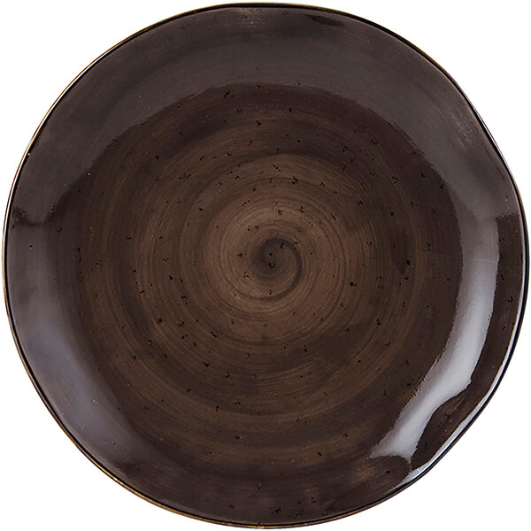 A brown Tuxton china plate with a swirly circle pattern.