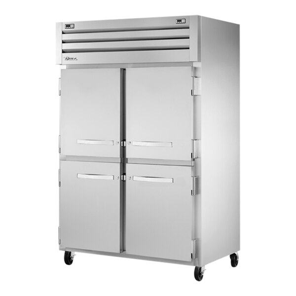 A True stainless steel 2 section dual temperature refrigerator/freezer.