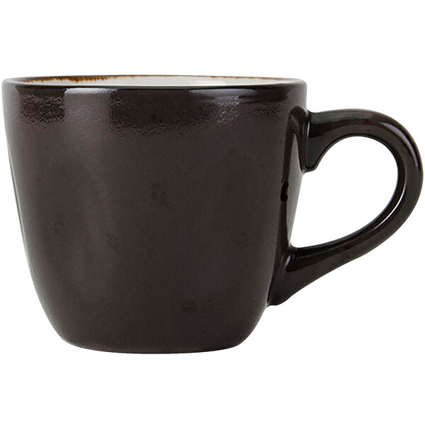 A black Tuxton china cup with a white interior.