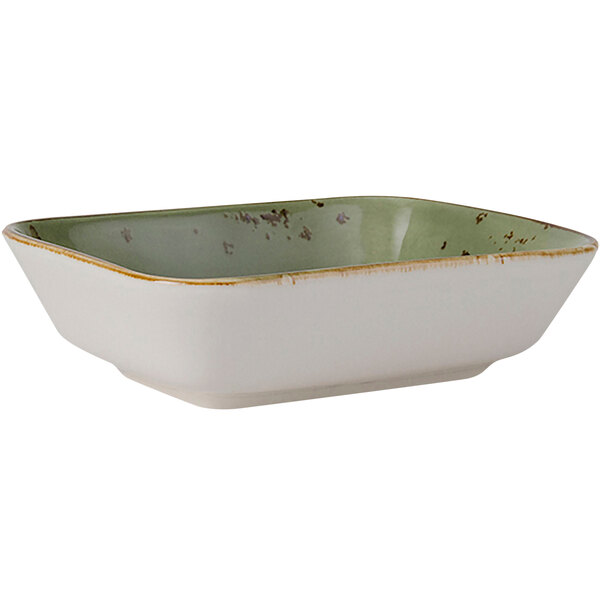 A white rectangular bowl with a green speckled rim.