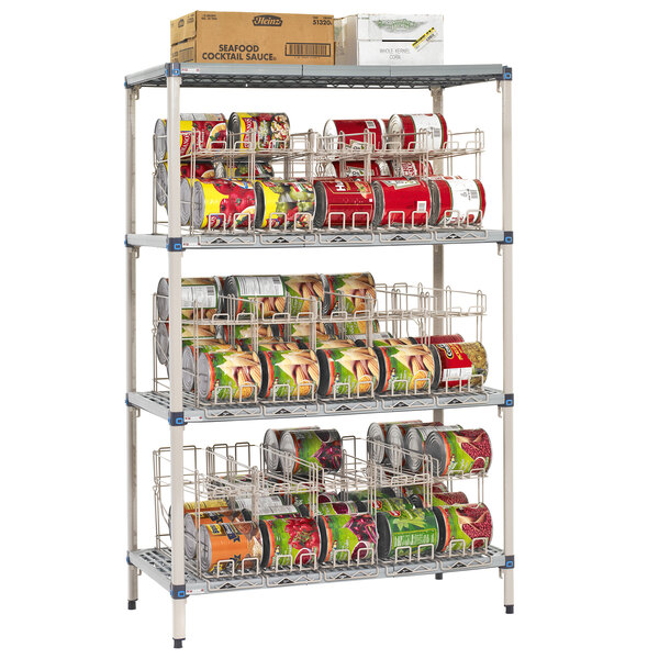 A MetroMax metal shelf with FIFO Can Racks filled with cans of food.