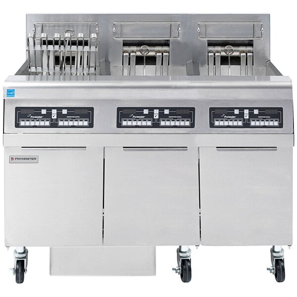 A Frymaster commercial electric floor fryer with three large frypots.