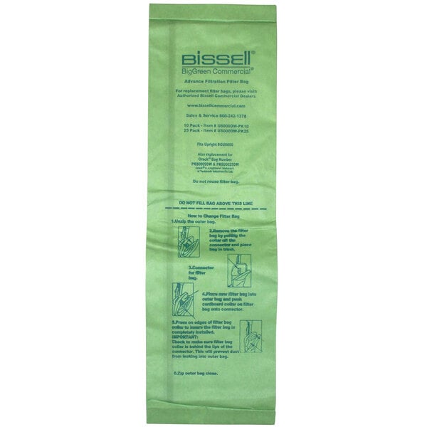 A green Bissell Commercial vacuum filter bag with blue text that reads "Bissell U8000" and instructions.