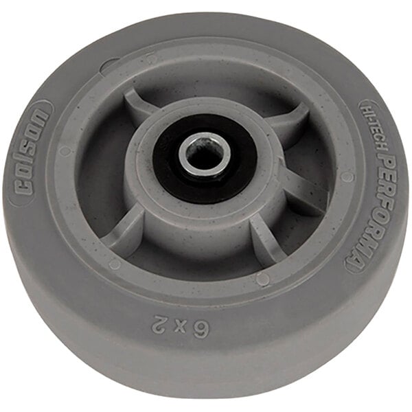 A grey Magliner caster wheel with a black rim and center and a nut.
