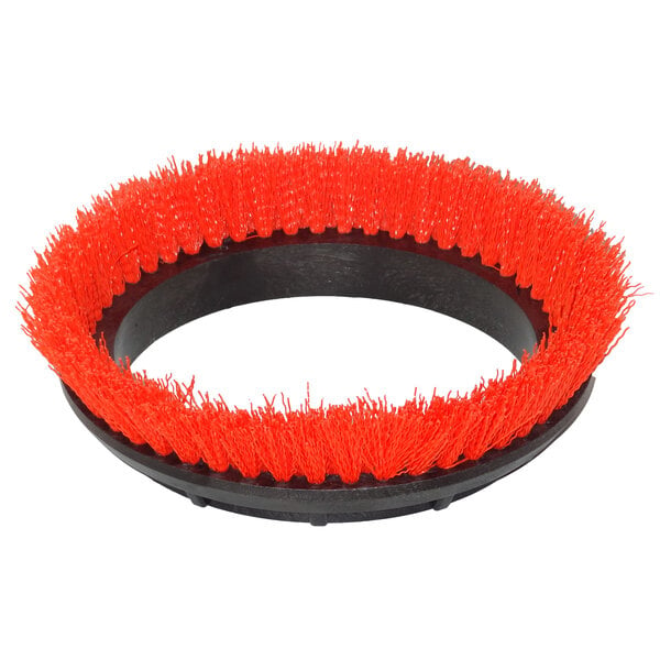A circular orange and black Bissell Commercial orbital scrubbing brush with red bristles.