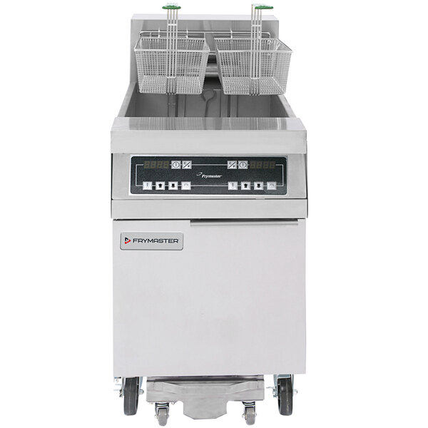 A Frymaster electric floor fryer with digital controls and a black panel with white buttons.