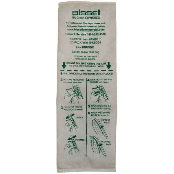 A white Bissell Commercial vacuum bag with instructions.