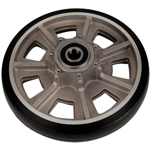 A Magliner wheel with a black rim and white spokes.