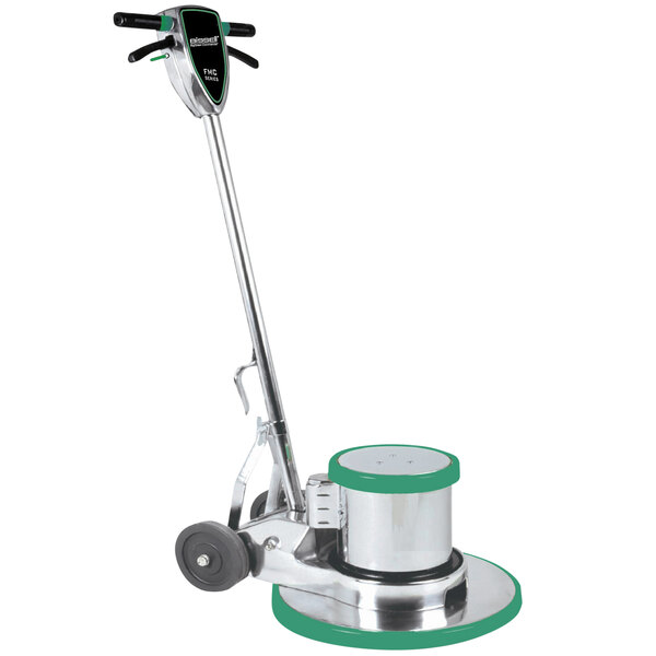 A green and silver Bissell Commercial floor polisher with wheels and a long handle.