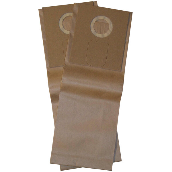 A pair of brown Bissell vacuum filter bags with a hole in the middle.