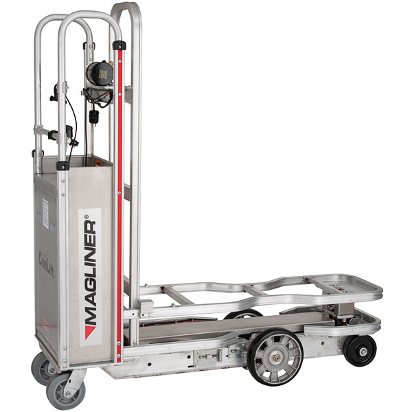 A silver Magliner hand truck with wheels and a handle.