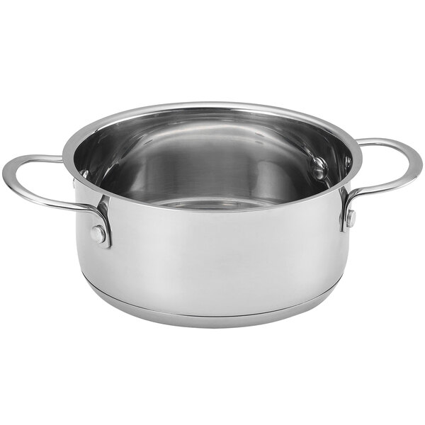 A Tablecraft stainless steel round casserole dish with handles.