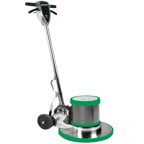 A Bissell Commercial floor/carpet cleaning machine with a green base and pole.