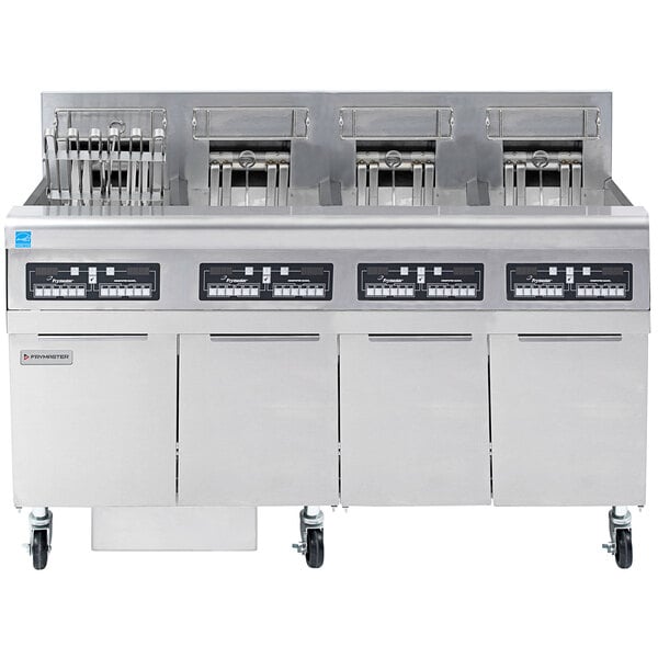 A large commercial Frymaster electric floor fryer with four open frypots.