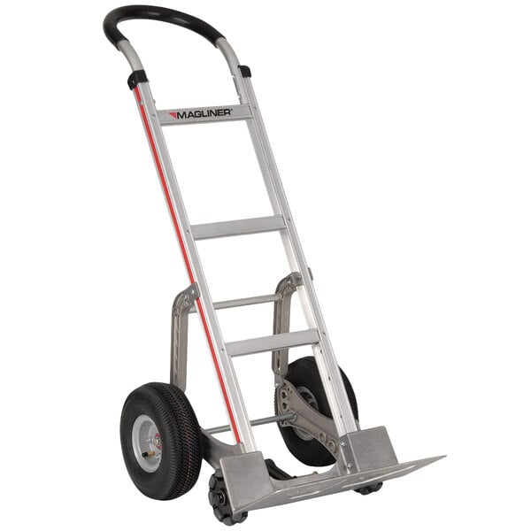 A silver Magliner hand truck with black wheels and a horizontal loop handle.