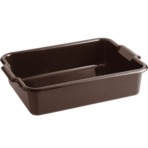 A brown rectangular Vollrath bus tub with handles.