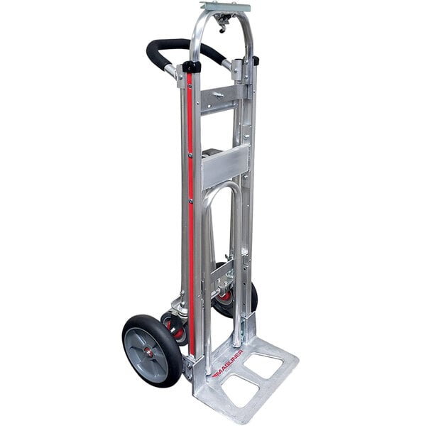 A silver Magliner hand truck with balloon cushion wheels.