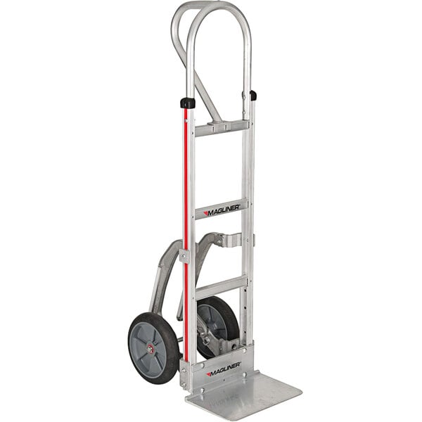 A silver Magliner hand truck with black wheels and a vertical loop handle.