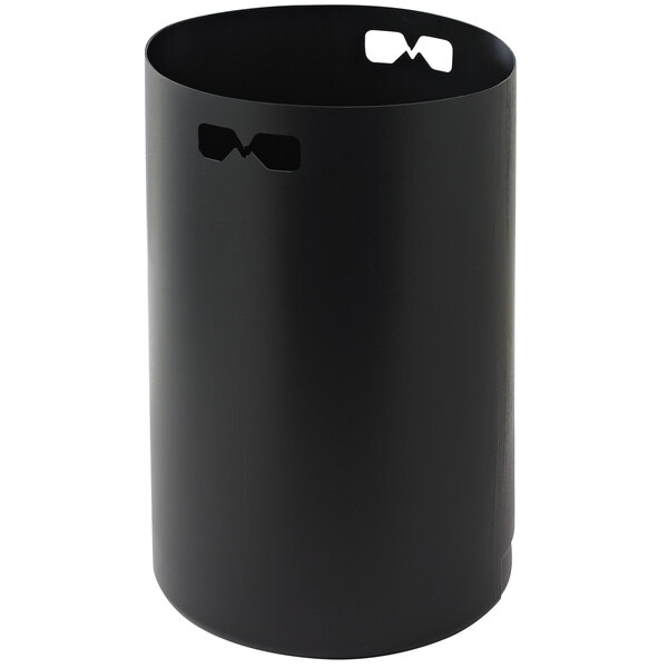 A black cylindrical trash liner with a logo on it.