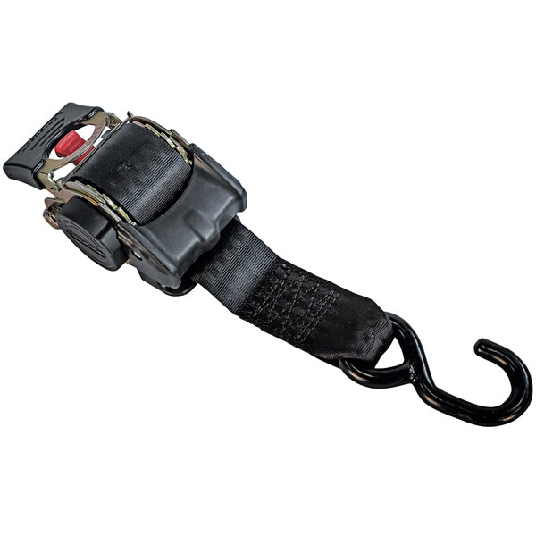 A black strap with a red hook on it for a Magliner hand truck.